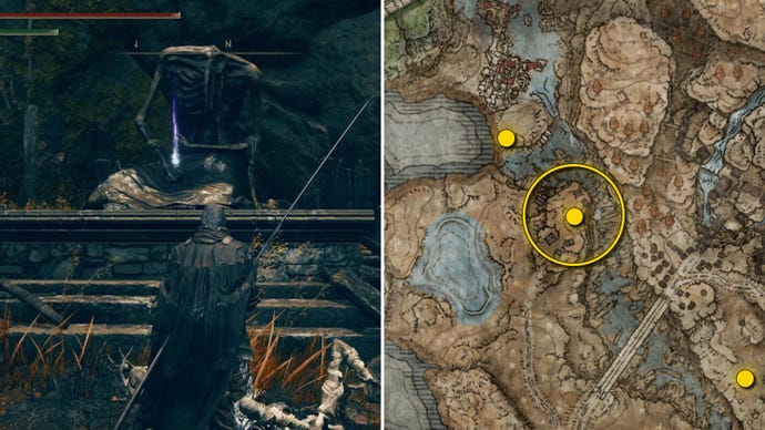 Two Elden Ring: Shadow Of The Erdtree screenshots side by side. Left: the location of a Revered Spirit Ash collectible. Right: the location of that same Revered Spirit Ash on the map.