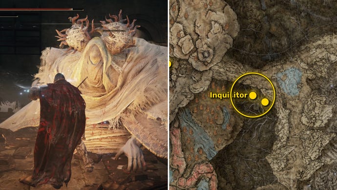 Two Elden Ring: Shadow Of The Erdtree screenshots side by side. Left: the location of a Revered Spirit Ash collectible. Right: the location of that same Revered Spirit Ash on the map.