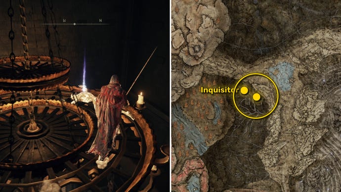 Two Elden Ring: Shadow Of The Erdtree screenshots side by side. Left: the location of a Revered Spirit Ash collectible. Right: the location of that same Revered Spirit Ash on the map.