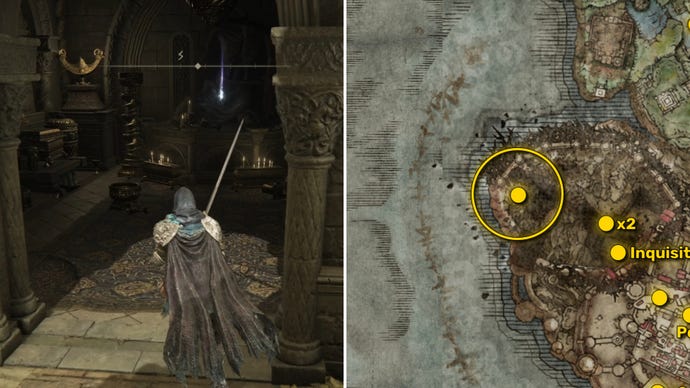 Two Elden Ring: Shadow Of The Erdtree screenshots side by side. Left: the location of a Revered Spirit Ash collectible. Right: the location of that same Revered Spirit Ash on the map.