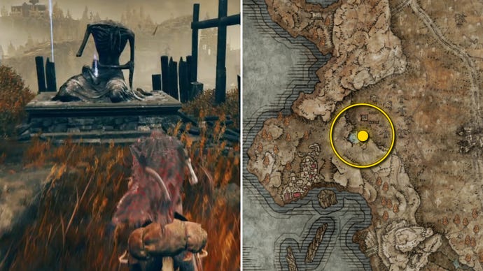 Two Elden Ring: Shadow Of The Erdtree screenshots side by side. Left: the location of a Revered Spirit Ash collectible. Right: the location of that same Revered Spirit Ash on the map.