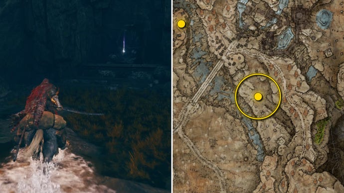 Two Elden Ring: Shadow Of The Erdtree screenshots side by side. Left: the location of a Revered Spirit Ash collectible. Right: the location of that same Revered Spirit Ash on the map.