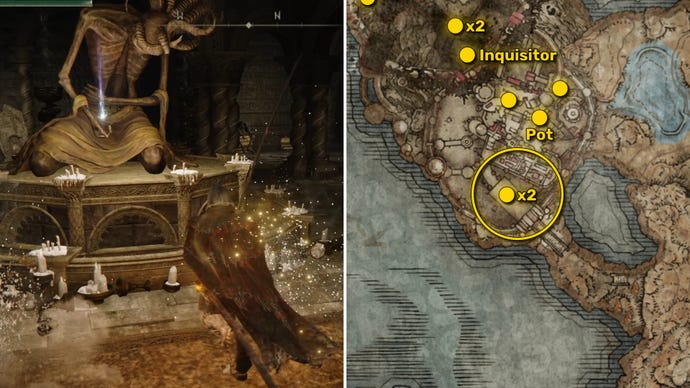 Two Elden Ring: Shadow Of The Erdtree screenshots side by side. Left: the location of a Revered Spirit Ash collectible. Right: the location of that same Revered Spirit Ash on the map.