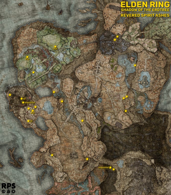 A full map of the Realm Of Shadow in Elden Ring: Shadow Of The Erdtree, with the locations of all 25 Revered Spirit Ashes marked with yellow circles.