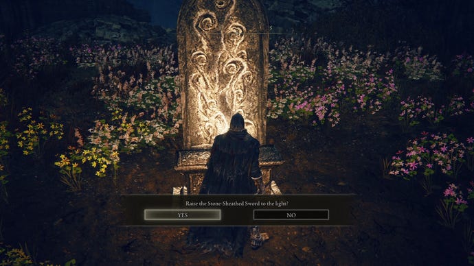 The player in Elden Ring: Shadow Of The Erdtree interacts with a glowing stone stele in the Ruins Of Unte.