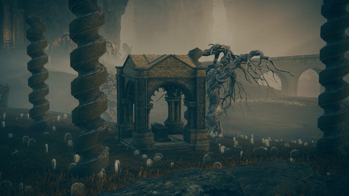 Screenshot of the Backhand Blade location in Elden Ring: Shadow Of The Erdtree, featuring a mausoleum gravesite.