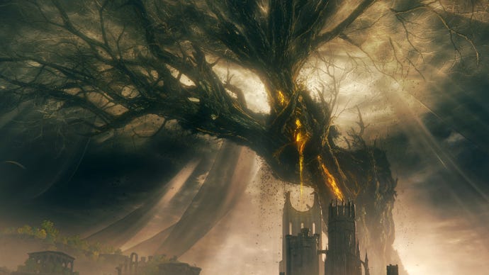 The corrupted Scadutree looming over the skyline of the Lands of Shadow in Elden Ring Shadow of the Erdtree.