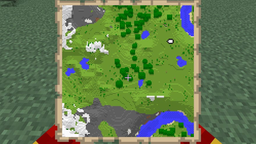 A Minecraft map, with the player location marked by an icon in the top-right corner.