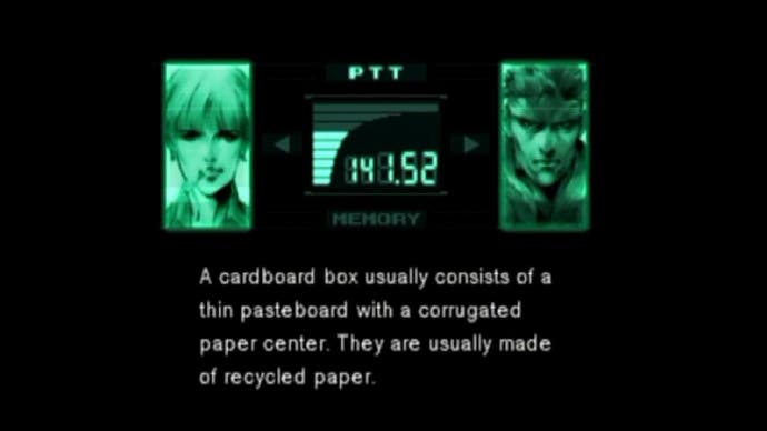 A Metal Gear Solid 3 codec conversation showing Nastasha Romanenko explaining cardboad boxes to Snake.