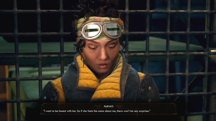 A screenshot of The Outer Worlds showing a conversation with Parvati Holcomb. A caption reads, "I want to be honest with her. So if she feels the same about me, there won't be any surprises."