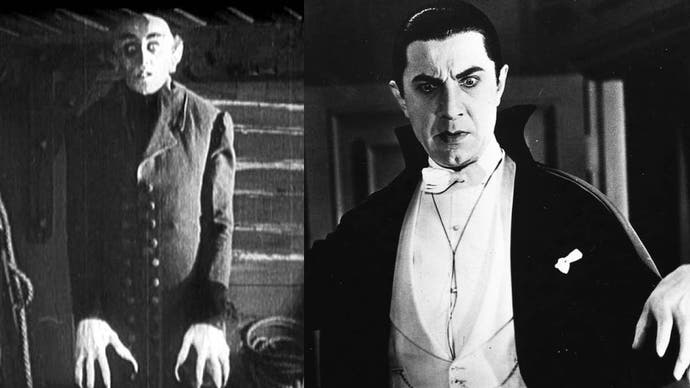 An image showing Nosferatu's Count Orlok on the left and the Belga Lugosi version of Count Dracula on the right.