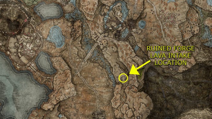 A map of Elden Ring: Shadow of the Erdtree, showing the Ruined Forge Lava Intake dungeon location.