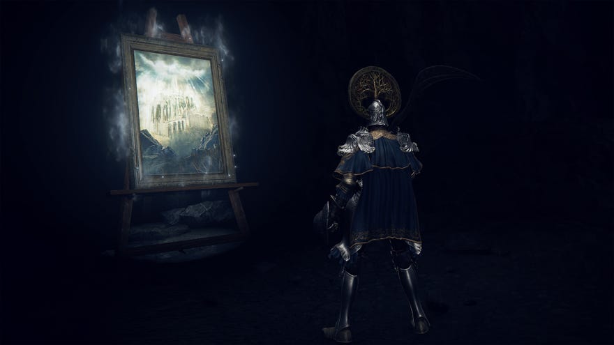 An Elden Ring player standing in front of a painting.