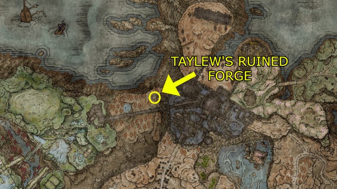The location of Taylew's Ruined Forge on Elden Ring: Shadow of the Erdtree's map.