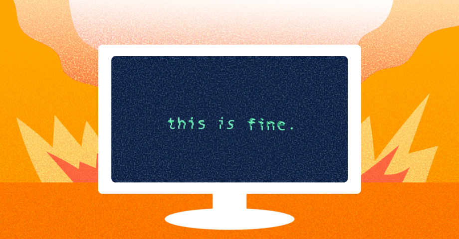 Illustration of computer monitor with black screen and text saying this is fine