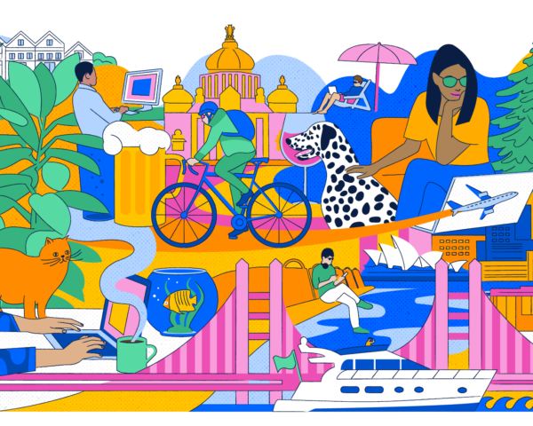 Illustration of people in different cities engaging in various creative activities