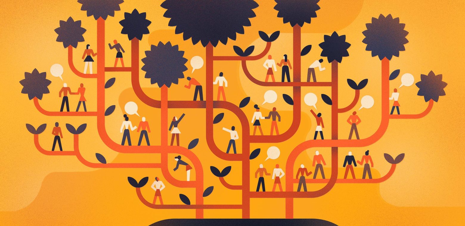 Illustration of three intertwined trees with people standing on the branches talking to each other