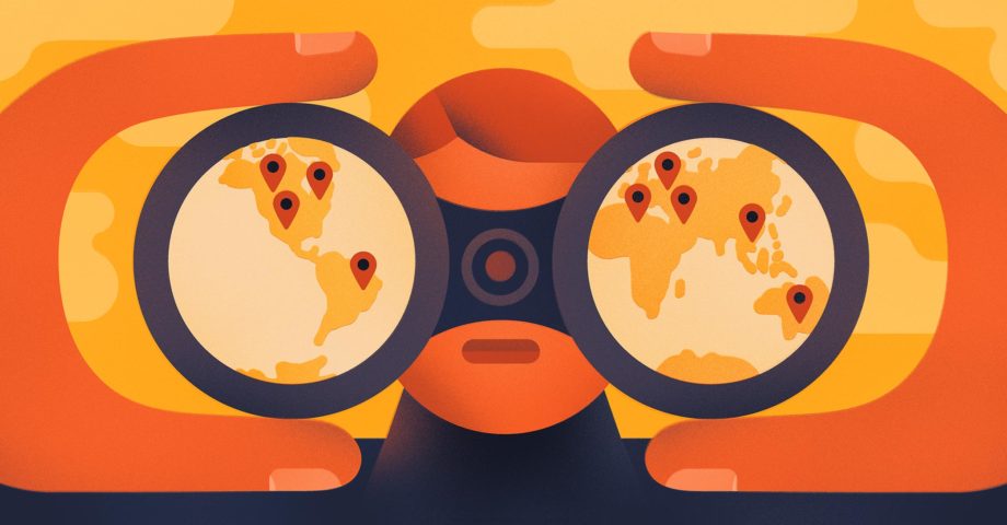 Illustration of a person looking through binoculars with a world map in the background.