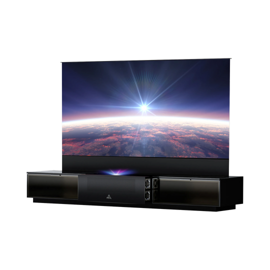 Vanish Laser TV with LTV-3500 Pro 4k UST projector, motorized screen, and smart cabinet for an immersive home theater experience.