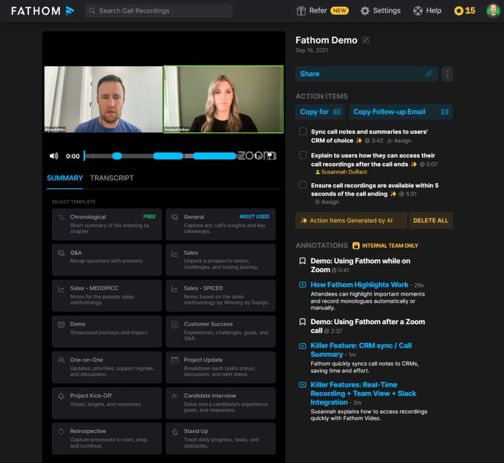 fathom app creating action items in video meeting