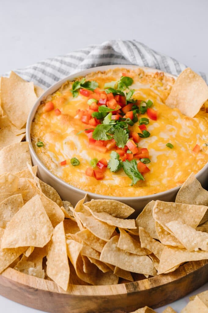 bowl of hot corn dip with tortilla chips