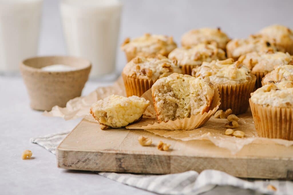 banana cream cheese muffin with a bite taken out