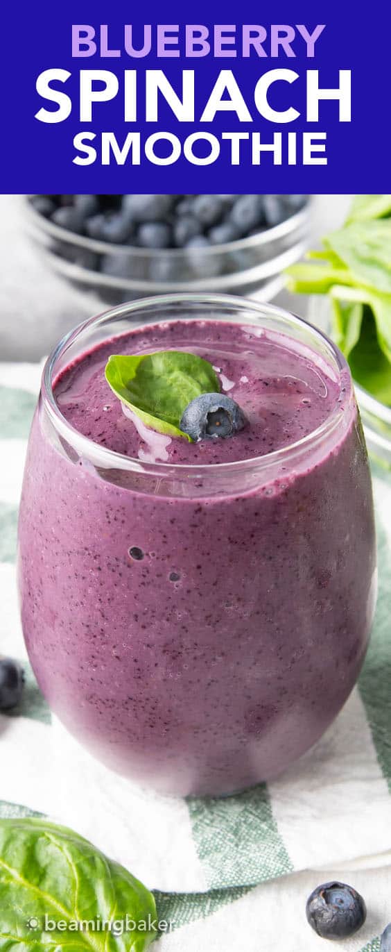 Blueberry Spinach Smoothie: an easy 4 ingredient recipe for a refreshing, healthy blueberry spinach smoothie packed with antioxidants. Ready in minutes. #Blueberry #Spinach #Smoothie #Healthy | Recipe at BeamingBaker.com