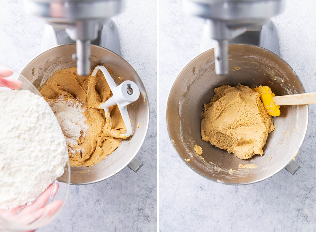 Two photos showing How to Make Peanut Butter Chocolate Chip Cookies - adding flour to thicken the dough