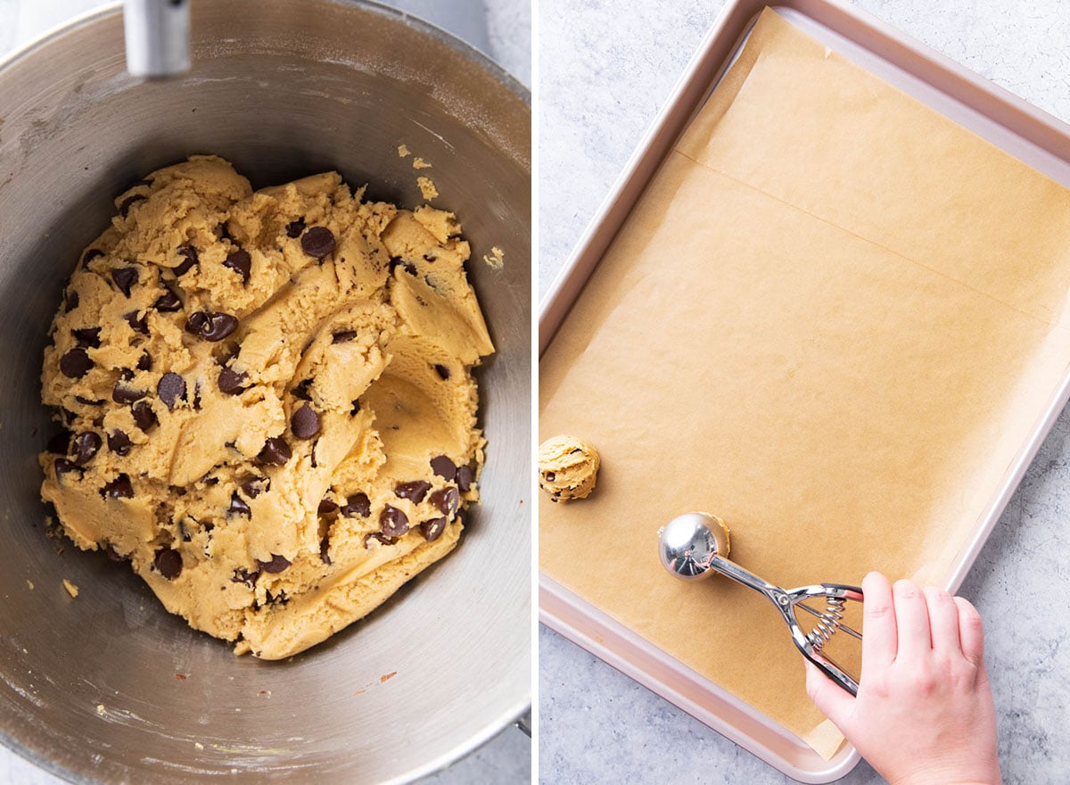 Folding add-ins into cookie dough and scooping onto a lined baking sheet