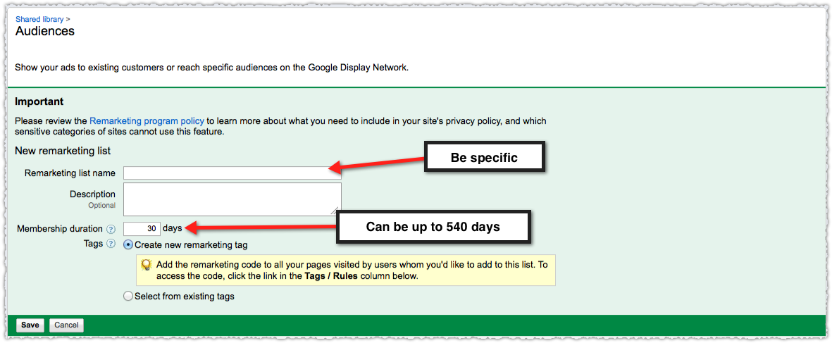 Google Adwords Create a Remarketing List