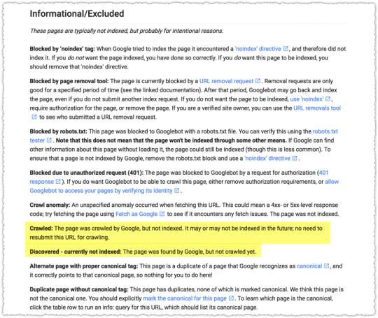 Index Coverage Report Excluded Sub Status Definitions