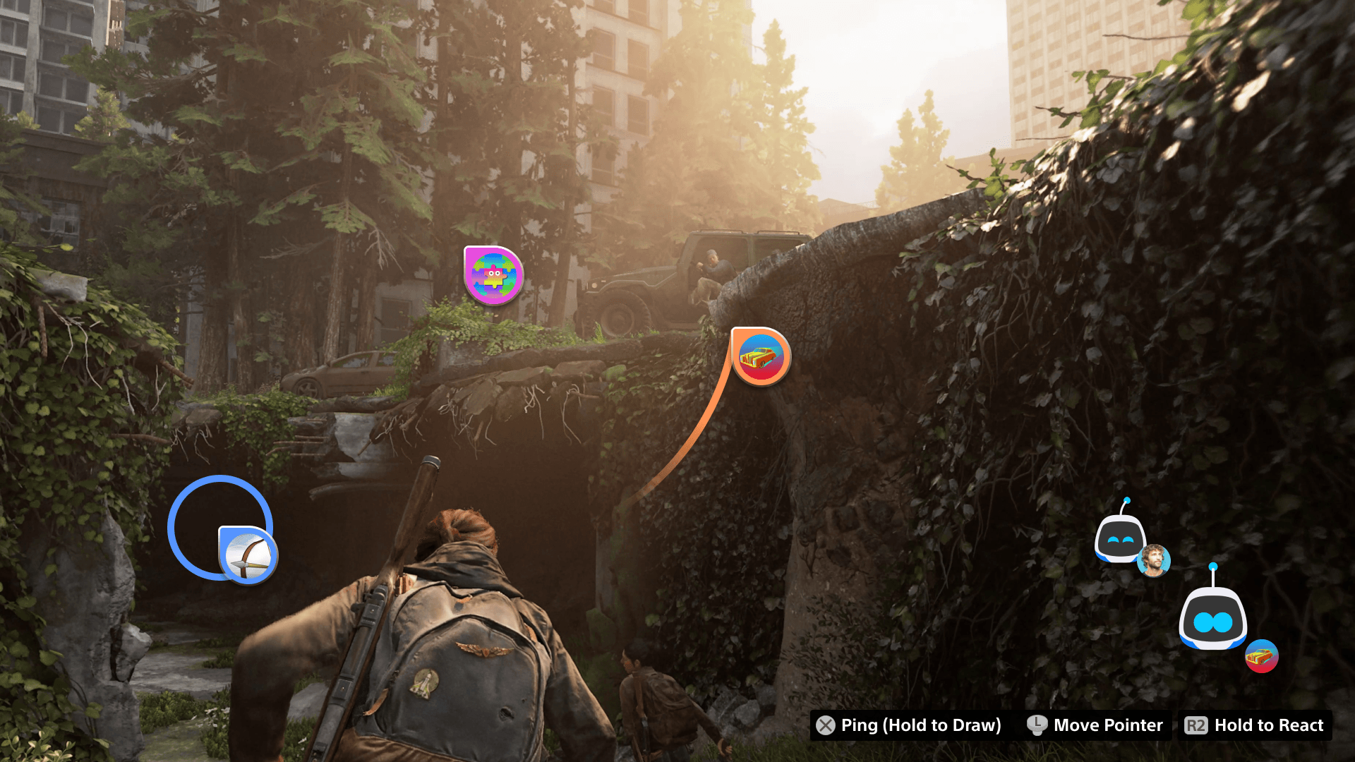 Capture d'écran de l'interface de la PS5 présentant les curseurs et les interactions sous la forme d'emojis lors d'une session de The Last of Us Part II Remastered