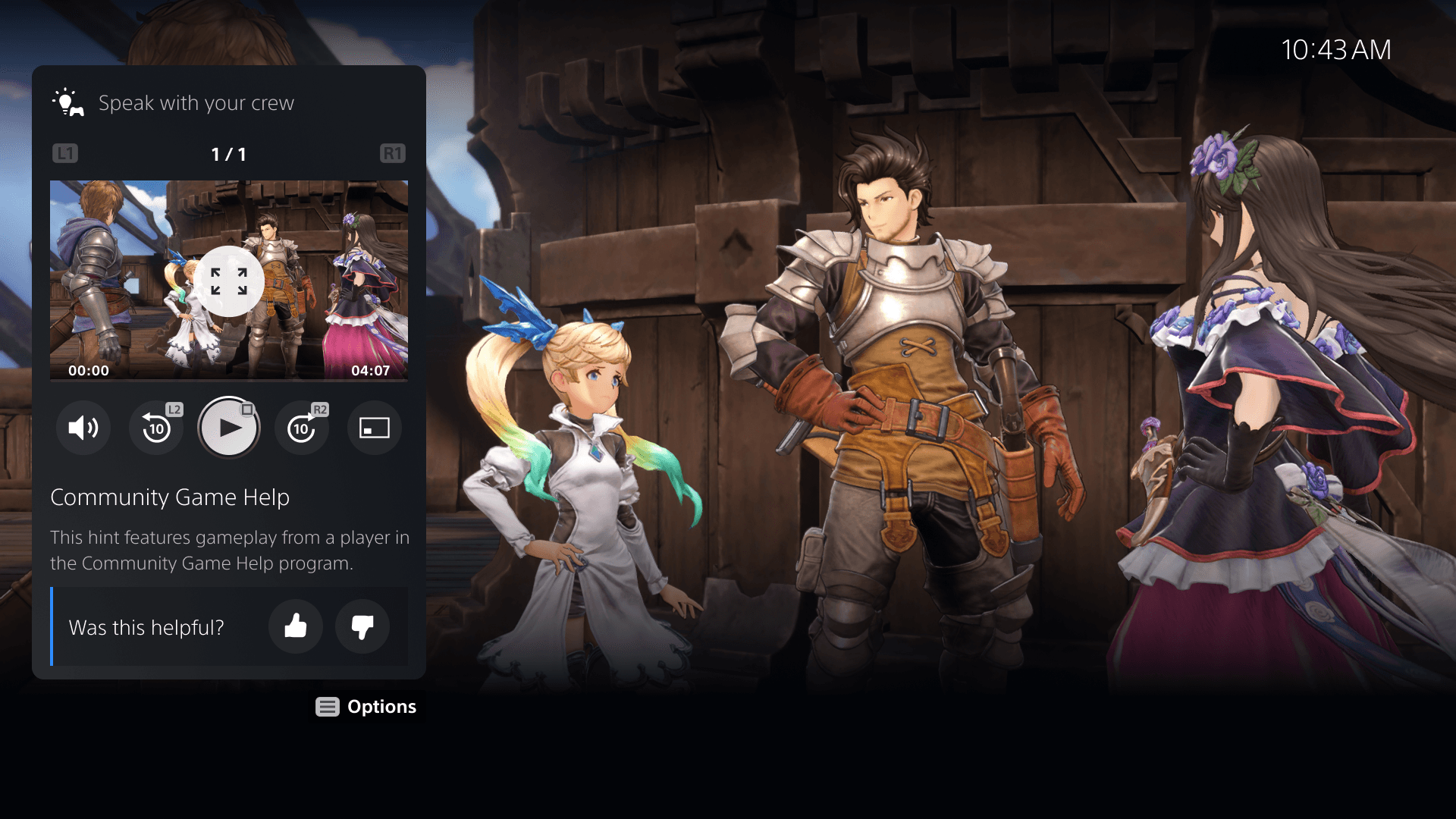 Capture d'écran de l'interface de la PS5 faisant apparaître l'Aide au jeu communautaire pour le jeu Granblue Fantasy: Relink