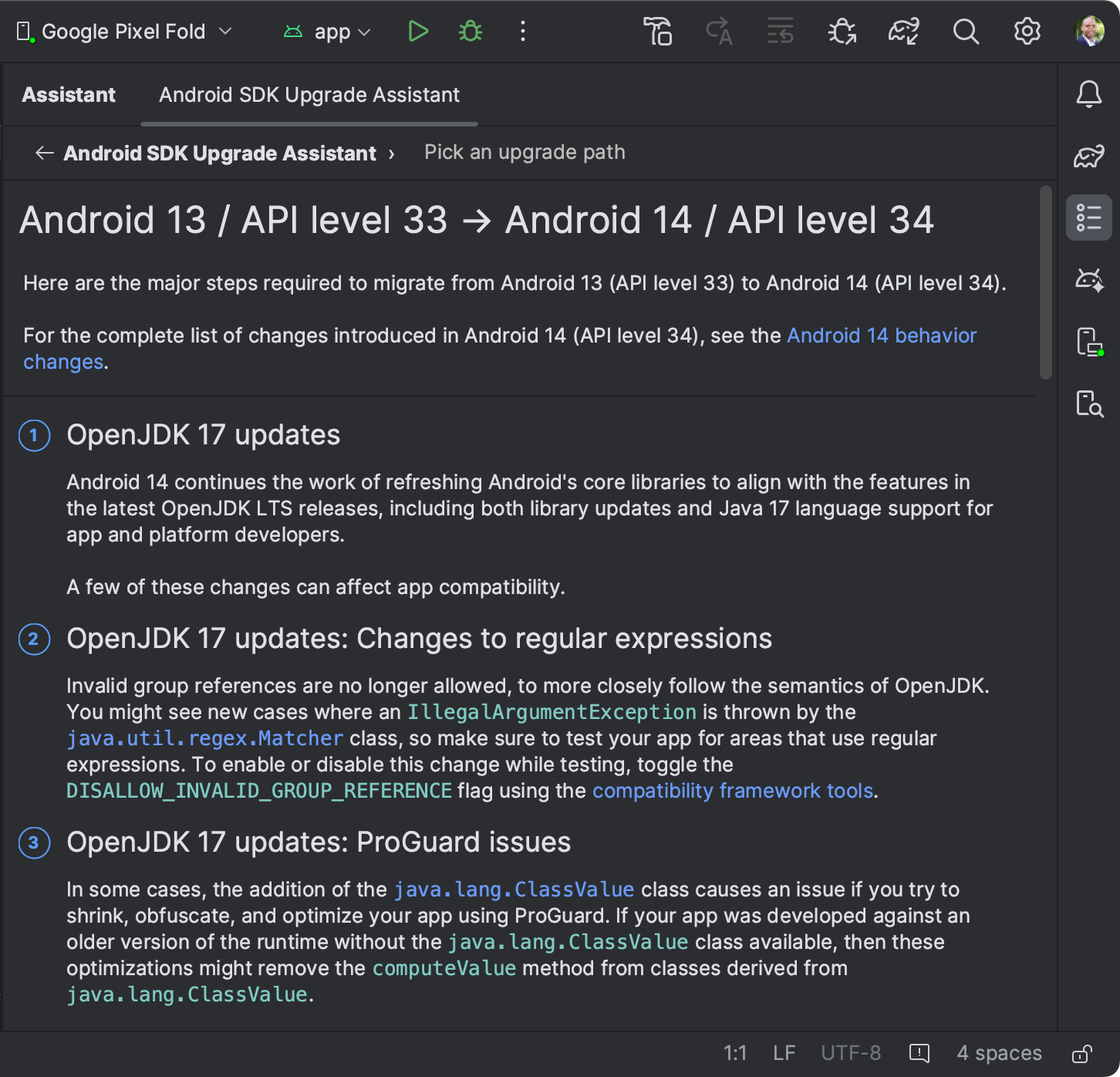 Screengrab of Android SDK Upgrade Assistant on Google Pixel Fold