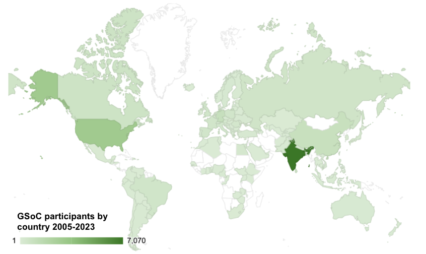 A map of the world with highlighting every country that has had Google Summer of Code participants