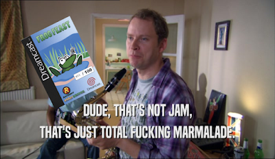 A Peep Show meme with the game Frog Feast being referred to as not jam, but just 'fucking marmalade'.