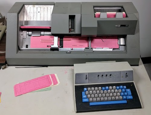 A PC-controlled IBM 029 keypunch punched my card deck.