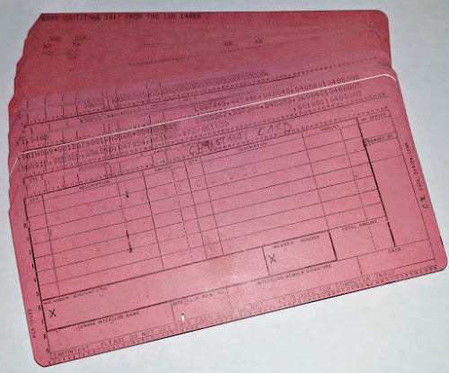 The deck of punched cards I ran on the IBM 1401. The first few cards are the program, and the remaining cards hold the lines to print.