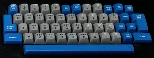 Keyboard of an IBM 029 keypunch. "Numeric" key is in the lower left. Strangely, this keyboard labels most special characters with the holes that are punched (e.g. 12-8-6) rather than the character. Compare with the photo of a different 029 keyboard later.