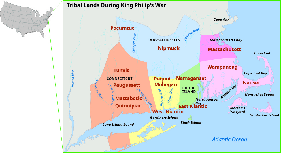 This is a map of New England indicating the domains of New England’s native inhabitants, including the Pequot, Narragansett, Mohegan, and Wampanoag, in 1670.