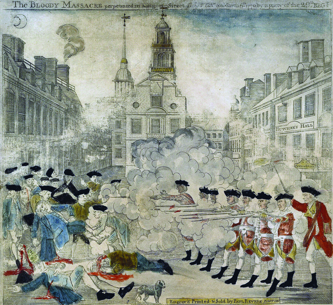 An engraving that depicts the Boston Massacre. At the top text reads 