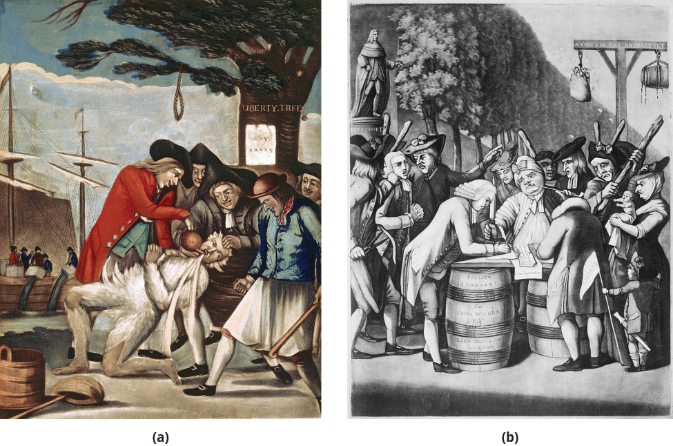 On the left, a painting shows five Patriots tarring and feathering the Commissioner of Customs, John Malcolm. One Patriot forcibly pours tea from a teapot into Malcolm’s mouth. In the background, the Boston Tea Party and the Liberty Tree are visible. On the Liberty Tree hangs an upside-down paper labeled “Stamp Act.” On the right, an engraving shows a merchant signing a non-importation agreement outdoors on a makeshift table of barrels, surrounded by a crowd of stern-looking people holding thick sticks. Behind him, another man, forcibly held by a group of threatening-looking men, is apparently next in line to sign the agreement. In the background, a bag of tar and a bag of feathers hang from a wooden structure.