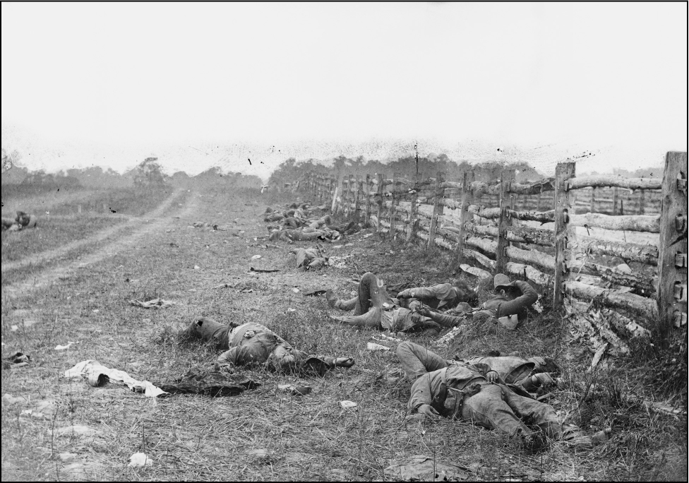 The photo shows dead soldiers lying beside a fence alongside a road.