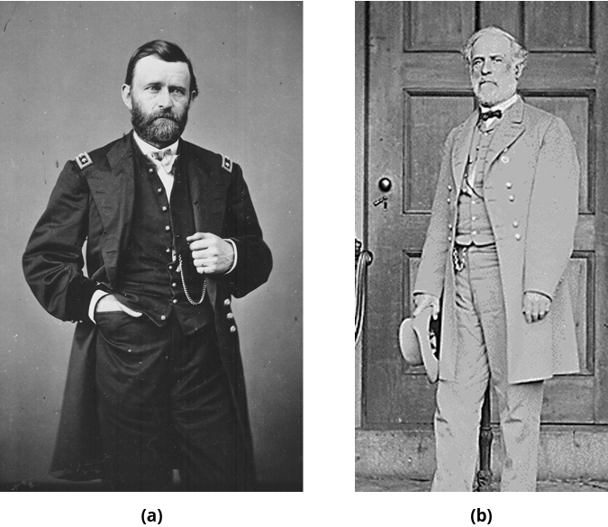 Figure (a) is a photograph of General Ulysses S. Grant. Figure (b) is a photograph of General Robert E. Lee.