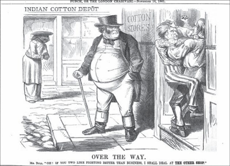 The cartoon shows John Bull standing on a street corner. He looks at two men dressed in American flags fighting each other in one store doorway. In the background an Indian man stands in front of a store: 