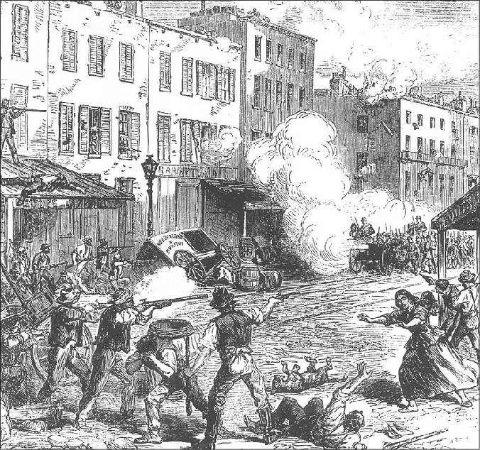 The illustration shows soldiers marching through town shooting a cannon at a row of civilian men in the foreground. The men shoot back with their pistols and rifles while a woman rushes to try to stop them. One man is turned around and wipes his eyes.