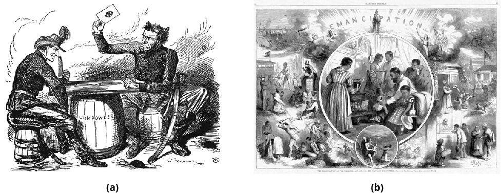 On the left a cartoon shows two men playing cards on a table sitting on top of a barrel of gun powder. Lincoln holds his card in the air looking desperate and angry. On the right a poster titled 