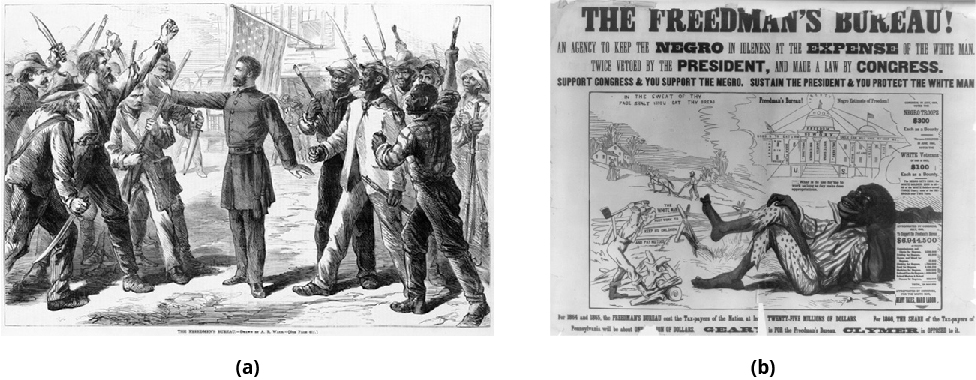 Figure (a) shows white Americans holding weapons on the left and black Americans holding weapons on the right. In between them is a man who holds his hand out to stop them. Behind him is an American flag. Figure (b) shows an enlarged stereotyped caricature of a black man lying back and relaxing. Behind him is the capitol building made of phrases like 