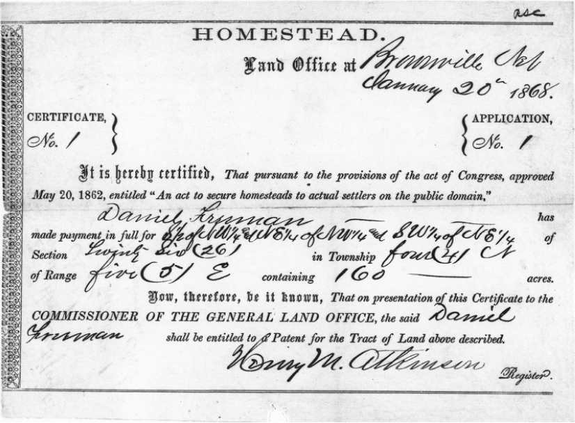 A homestead certificate granted by a land office reads 