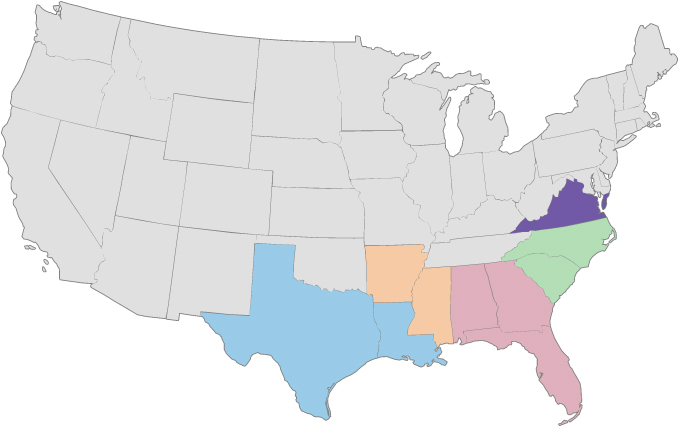 The figure is a map of the United States. All the states are gray except Texas and Louisiana which are blue and labeled with a 1; Arkansas and Mississippi which are orange and labeled with a 2; Alabama Georgia and Florida which are red and labeled with a 3; North and South Carolina which are green and labeled with a 4 and Virginia which is purple and labeled with a 5.